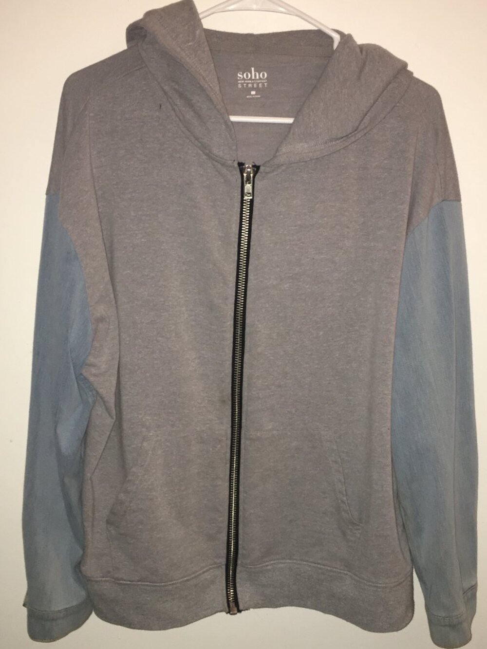 New York and Company SOHO Grey Hoodie with Jean Sleeves Size Large Gently Worn